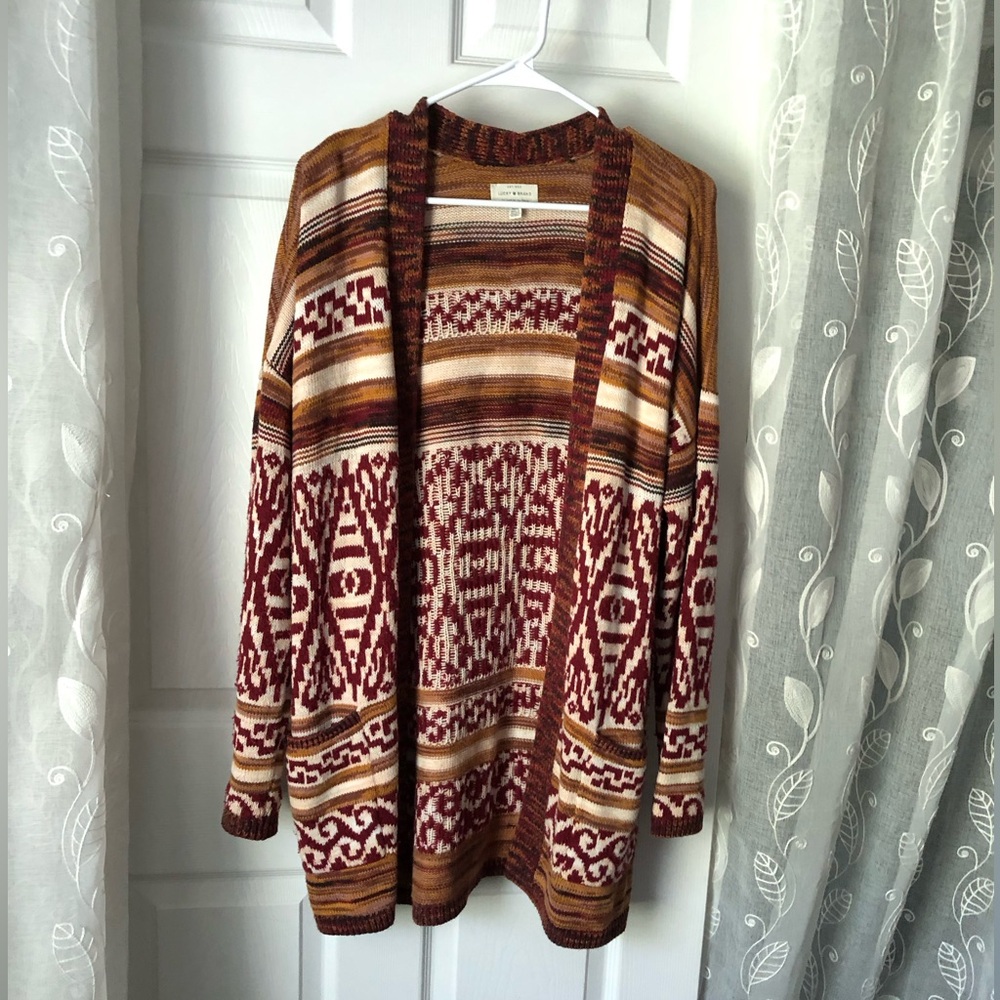 Lucky Brand Jacquard Boyfriend boho cotton Cardigan Oversized Sweater size M